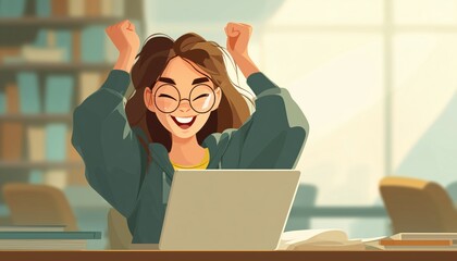 Euphoric Girl Achieving Academic Success: Student Passing An Exam And Watching A Laptop In The Library With Joy And Relief.