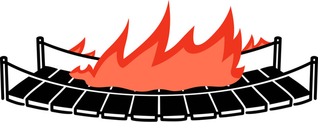 Burning bridge drawing. Wooden suspension rope bridge on fire. Vector clipart illustration.