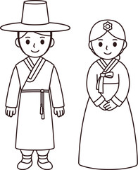 Cute cartoon boy and girl couple in traditional South Korean clothes. Black and white line art for coloring. Vector clip art illustration.