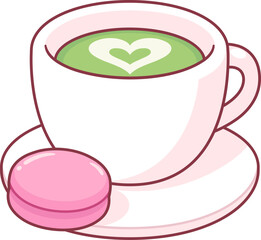 Cup of matcha latte with macaron cookie. Cute cartoon cafe drawing. Isolated vector illustration.