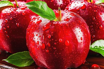 Fresh red apples with water droplets resting on a wooden surface, highlighting their juicy texture and vibrant color