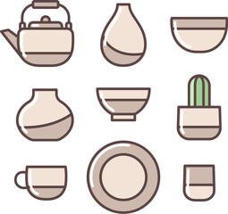 Ceramic crockery collection. Vases, bowls and cups. Simple and modern pottery icons, vector illustration set.