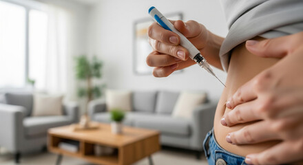 Woman injecting insulin in modern living room, close-up on insulin