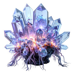 Luminous cluster of glowing purple crystals with intricate roots, radiating magical energy.