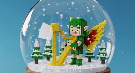 Voxel elf playing harp inside a snow globe with christmas trees