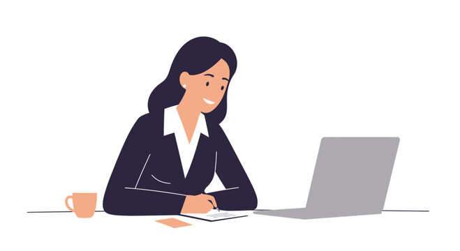 Professional woman working at her desk, laptop and coffee ready, a simple, modern design for business, work, and lifestyle applications, ready to use now