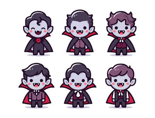 Kawaii Dracula Face Vector Set with Purple Hair and Fangs Showing