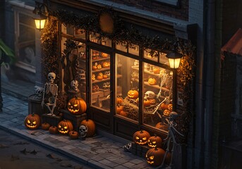 A charming storefront decorated for Halloween at night, featuring glowing jack-o'-lanterns and skeletons on display.