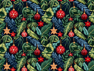 Obraz premium Tropical Christmas Seamless Pattern with Exotic Jungle Leaves Red Ornament Balls and Gold Stars Background