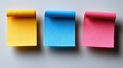 Three colorful sticky notes, yellow, blue, pink, rolled at the top, on white background.