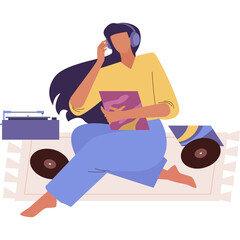 Woman Sitting on Rug Wearing Headphones Listening to Vinyl Records with Record Player and Album Cover