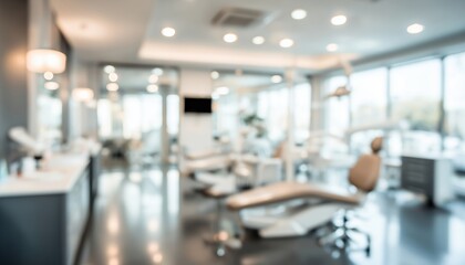 Fototapeta premium Disorganized Interior Of A Modern Dental Practice: The Inside Of A Contemporary Dentist'S Office Appears Blurred And Unkempt.