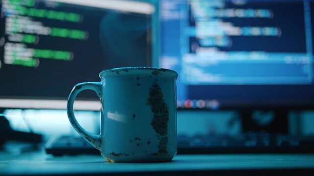 Cup of coffee on desk with computer, programming code. Late night coding, programming, technology and software development concept.
