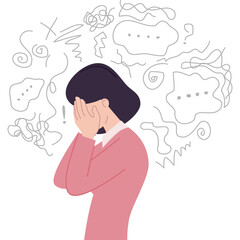 Woman Hiding Face Embracing Pink Sweater With Chaotic Thoughts And Symbols Over Her Head Showing Mental Distress And Anxiety In Simple Clean Style.