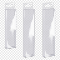 Empty tall narrow clear glossy plastic box with tuck-in flap and euro hole tab. 3d mockup set. Blank hanging rectangle transparent PVC container. Realistic vector mock-up. Template for design