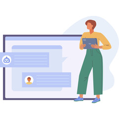 Woman Holding Tablet Standing Next To Digital Communication Screen Showing Chat Bubbles and User Avatars Pale Blue and Teal Palette Minimalist Style