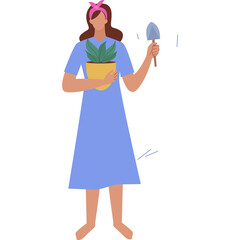 Woman In Blue Dress Holding Potted Plant And Gardening Trowel With Transparent Background