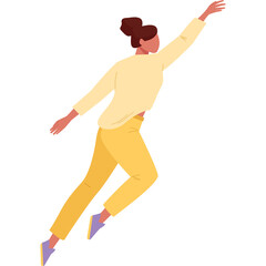 Woman In Light Yellow Long Sleeve Top And Yellow Pants Reaching Upward With Purple Shoes Isolated On White Background