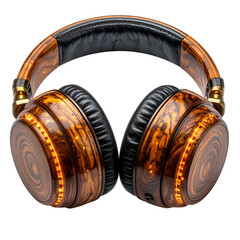 Luxurious wooden headphones with warm LED lighting, showcasing intricate grain patterns and premium design