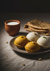 A still life of indian sweets on a plate beside a cup of milk and some flatbreads on a table