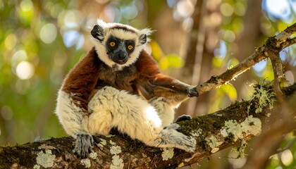A lemur with orange eyes and white fur, sits relaxed on a mossy tree branch, under dappled sunlight