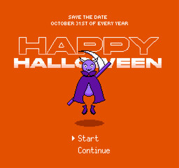 Purple Evil Character with Bold Typography text of 'Happy Halloween' in Behind, Orange Backdrop, Video Game Title Style, Pixel Art Illustration