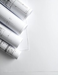 Rolled architectural blueprints stacked on a clean white surface for planning.