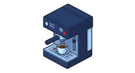 An isometric pixel art illustration of a coffee machine with details, pouring coffee into a white cup. The machine has a red detail and is in the 8-bit or 16-bit game style, against a white background