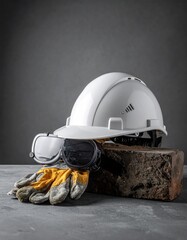 Construction Safety Equipment Hard Hat Goggles Gloves on Brick.