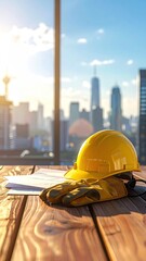 Construction hard hat and blueprints on wooden table with city skyline background.