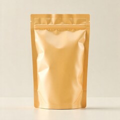 Blank gold stand up pouch mockup flexible package for food or cosmetic products isolated on beige background