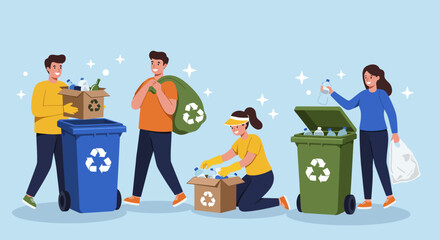 People sorting recyclable materials into bins and boxes, promoting environmental awareness.