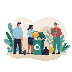 Illustration of people cleaning up trash and recycling in a park.