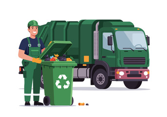 Garbage collector emptying a recycling bin into a garbage truck.