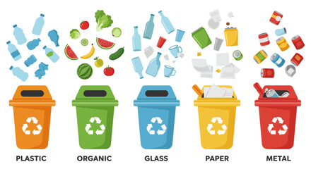 Illustration of color-coded recycling bins for plastic, organic, glass, paper, and metal waste.