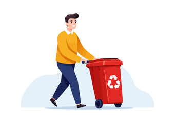 Illustration of a man pushing a red recycling bin with a recycling symbol.