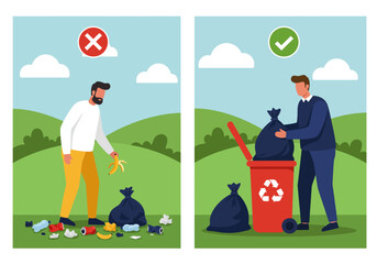 Proper waste disposal illustration: man throwing trash in bin.