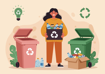 Illustration of a woman holding a recycling box with bins and recycling symbols.