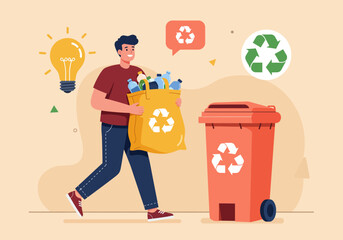 Illustration of a man recycling plastic bottles into a recycling bin with a lightbulb in the background.