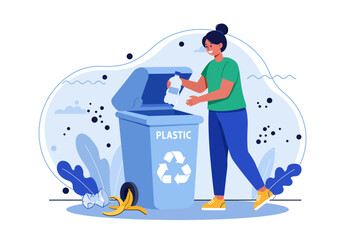 Woman recycling plastic bottle in a blue bin with recycling symbol.
