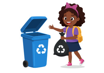 Girl throwing trash into a blue recycling bin with recycling logo.
