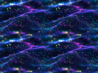 Abstract Seamless Pattern Glowing Neon Light Waves and Digital Data Particles
