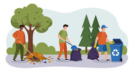 Volunteers cleaning up litter in a park, collecting trash and recyclables.