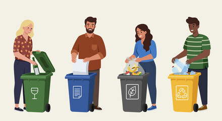 People sorting waste into different colored recycling bins for glass, paper, organic, and plastic.