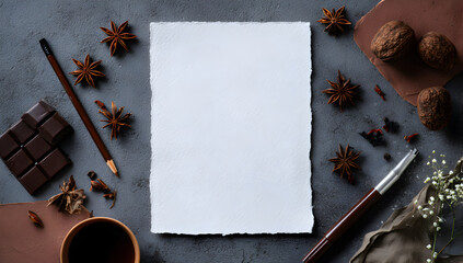 Blank white card mockup on a dark grey background surrounded by star anise, chocolate, and spices, flat lay.