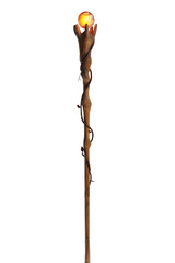 Intricate wooden staff with glowing orb on transparent background