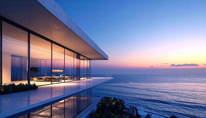 Modern Luxury Villa With Panoramic Ocean View At Sunset.