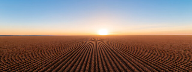 Sunset Over Ploughed Field: Golden light kisses furrowed earth. Rows stretch towards horizon. Serene landscape. Cultivated land. Promising start.