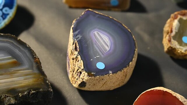 Blue agate geode. Crystals and minerals on display at the fair. Close-up of crystals. 