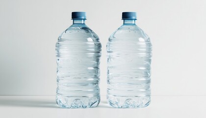 Naklejka premium Two Large Bottles Of Water Resting On A White Surface: Hydrating Essentials For Staying Refreshed And Quenched Throughout The Day.